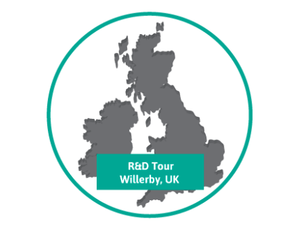 A grey outline of the UK and Ireland, surrounded by a teal circle, overlaid with two text banners.