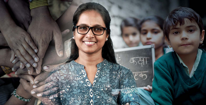 Woman standing in front of a montage featuring children from different communities learning and banding together towards a sustainable future.