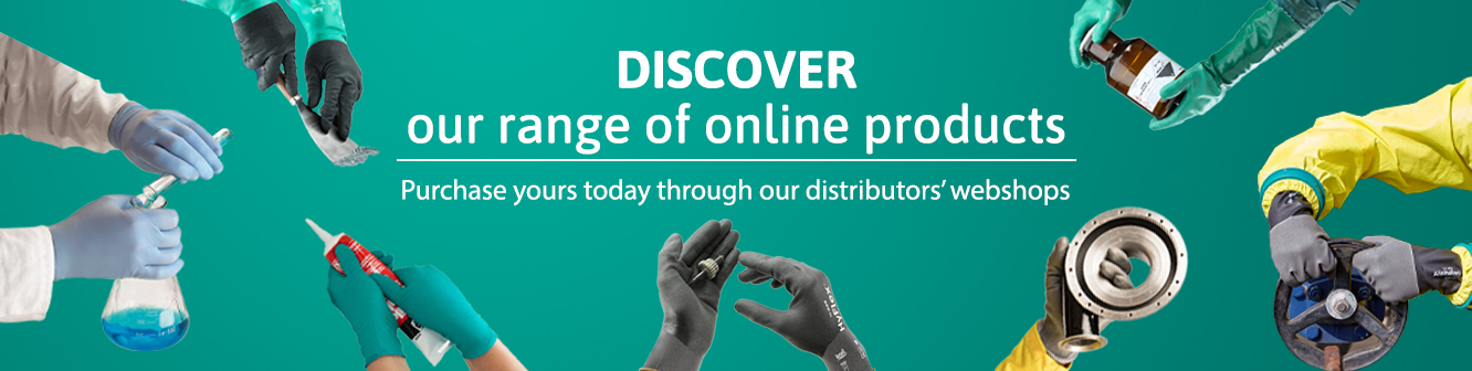 Green background with Mechanical, Single use industrial, Chemical and Healthcare gloves available to buy online.