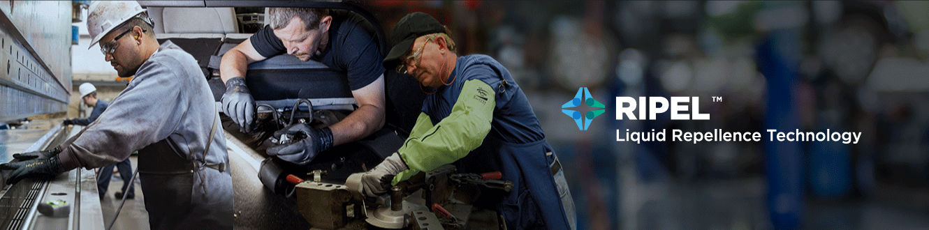 Industrial workers wearing Ansell gloves with RIPEL™ Technology that has repellent surface barrier to prevent incidental skin contact