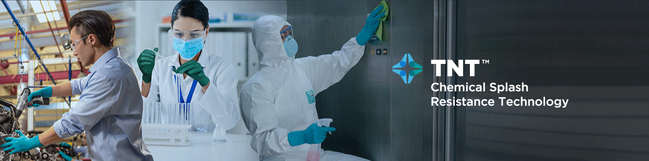 Workers wearing Ansell gloves with TNT™ Technology that provides superior splash resistance against a wide range of hazardous chemicals