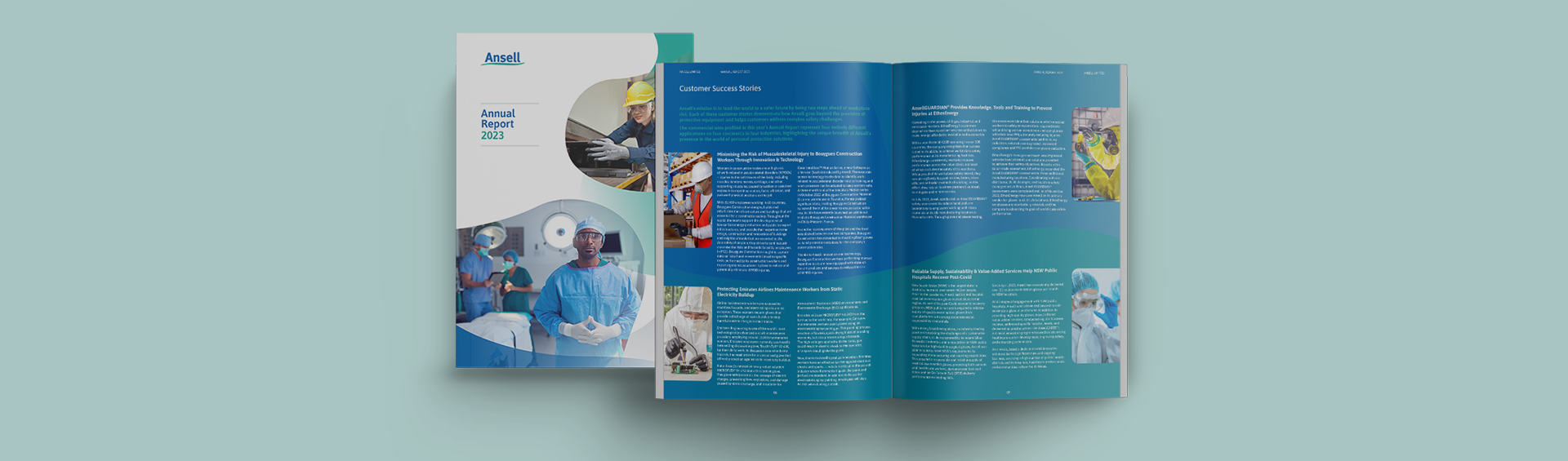 Splayed pages of the Ansell annual report against a baby blue background, with images of text, gloves and healthcare workers.