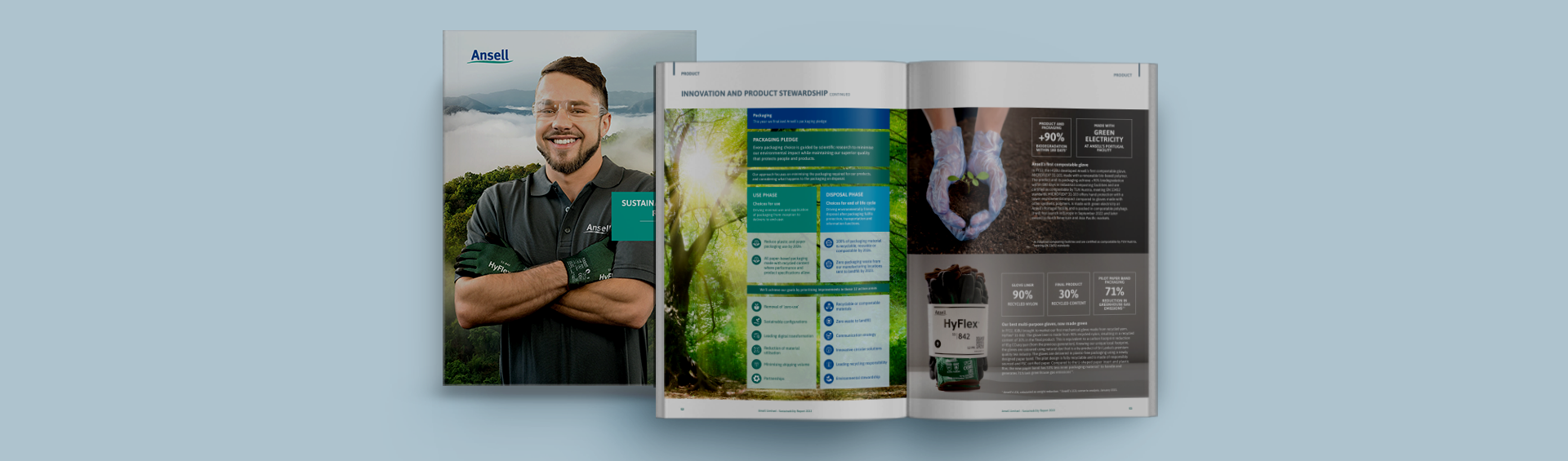 Open pages of the Ansell Sustainability Report 2022 against a greyish blue background, showing a man with arms folded, a tree, text and images.