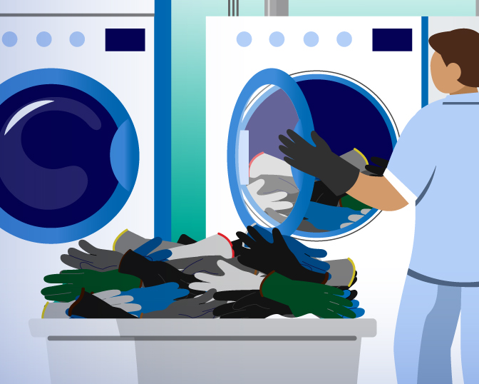 Vector image of mechanical gloves being washed indicating the benefits of choosing sustainable PPE
