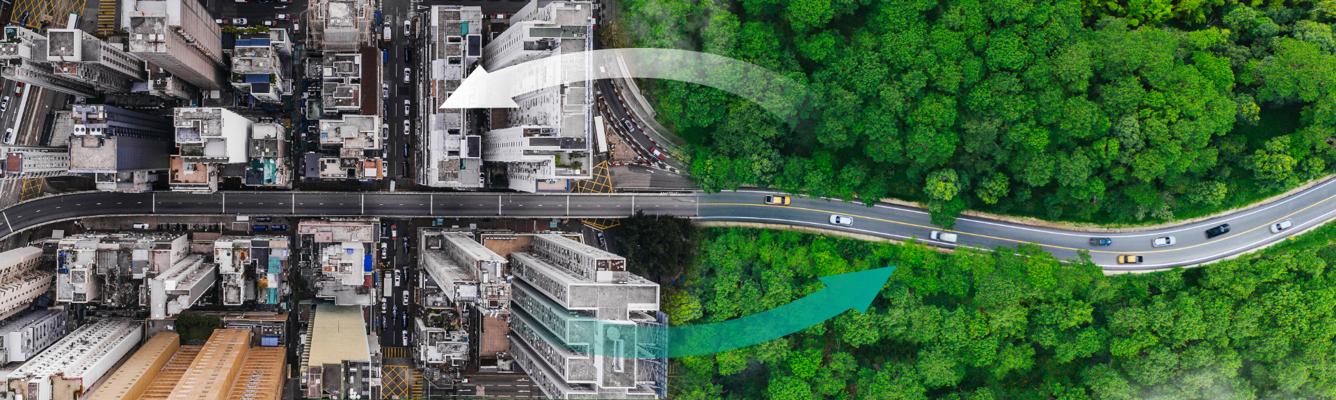 Aerial view showing half urban cityscape and half green forest connected by curved arrows, symbolizing the link between business, environment, and sustainable development