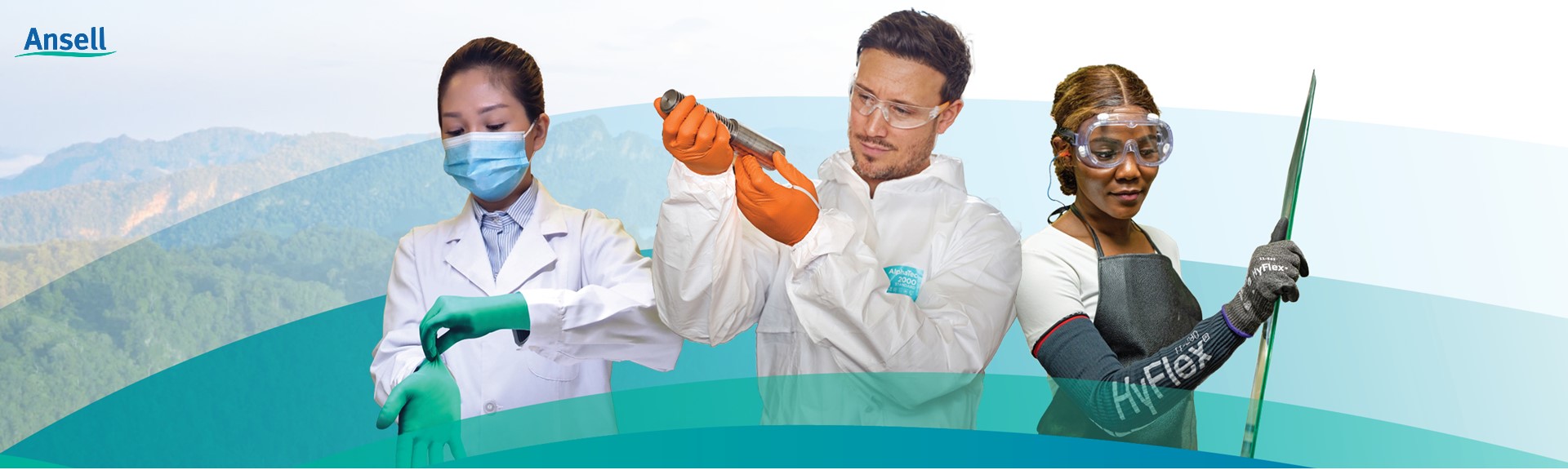 Three professionals wearing Ansell PPE set against a natural landscape, symbolizing safety and sustainability.