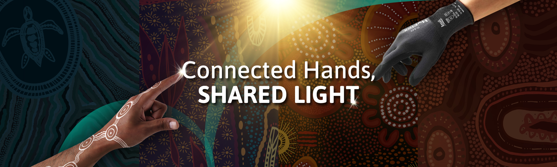 Aboriginal-inspired digital artwork featuring two hands reaching out, one wearing a black Ansell glove, representing unity, Indigenous collaboration, and sustainable safety solutions