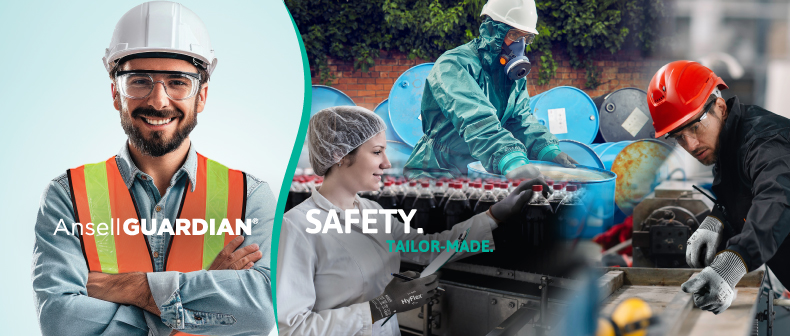 Image of safety manager on the left and workers on the right in different work settings as well as an AnsellGUARDIAN logo