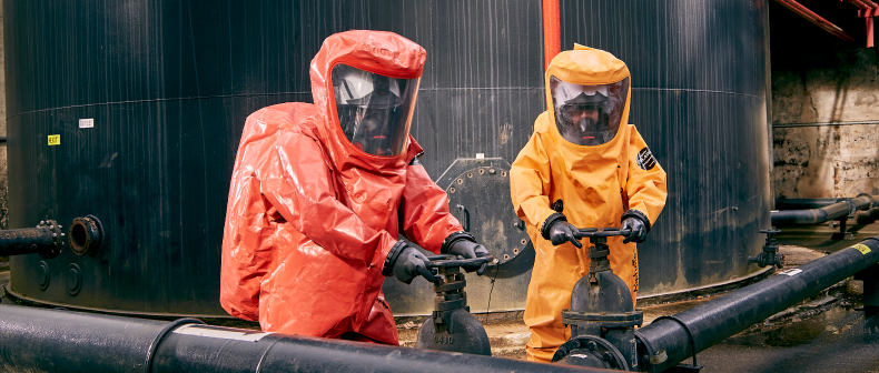 Image of workers wearing AlphaTec gastight chemcial protective clothing while handling chemical tasks at work
