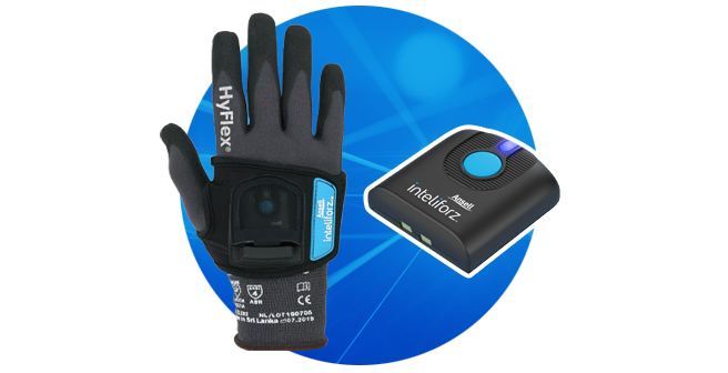Inteliforz™ Motion Series product worn over a glove with a sensor seen in a zoomed out display.