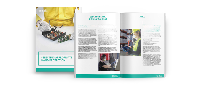3D mockup of Ansell safety briefing booklet on white background with cover image related to PPE selection for electrostatic discharge