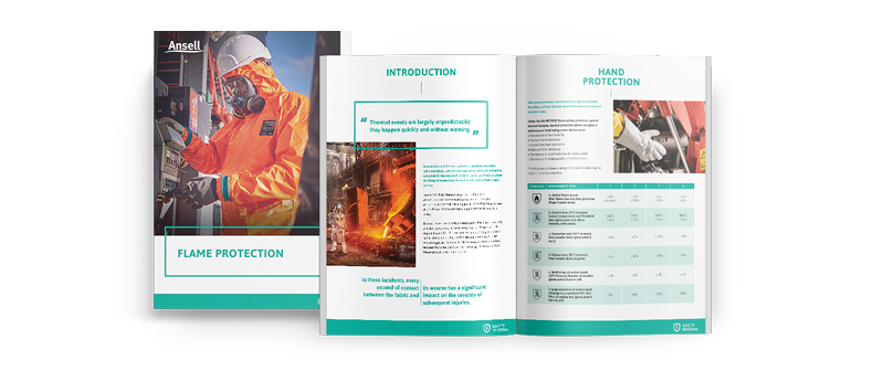 3D mockup of Ansell safety briefing booklet on white background with cover image related to PPE selection for thermal and flash fire hazards