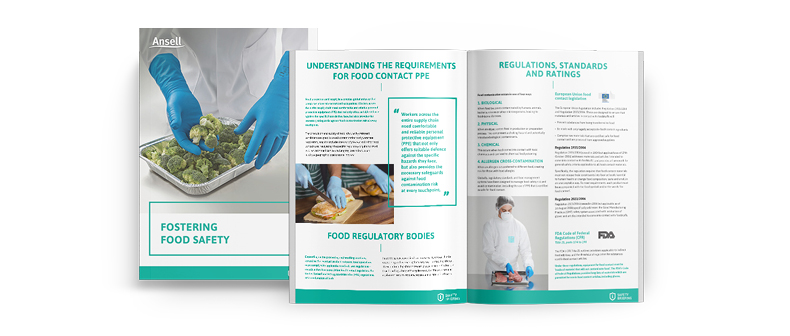 3D mockup of Ansell safety briefing booklet on white background with cover image related to PPE selection for improved food safety