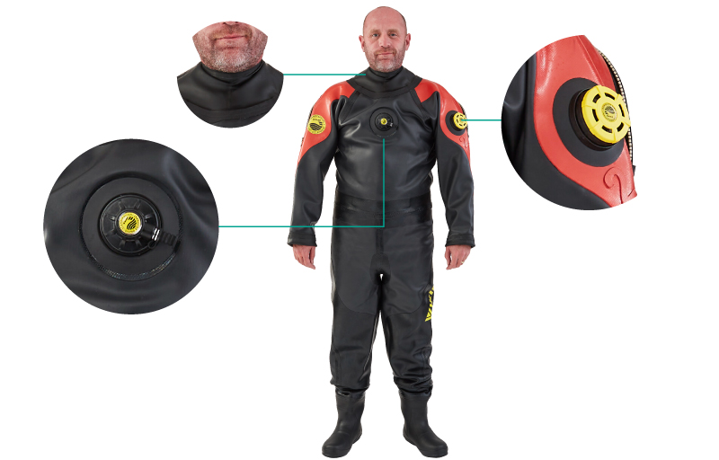 Image of diver at wearing full VIKING™ suit with callouts to suit features