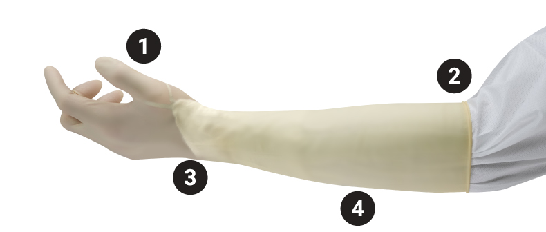 18-inch long cuff examination gloves worn over lab coat