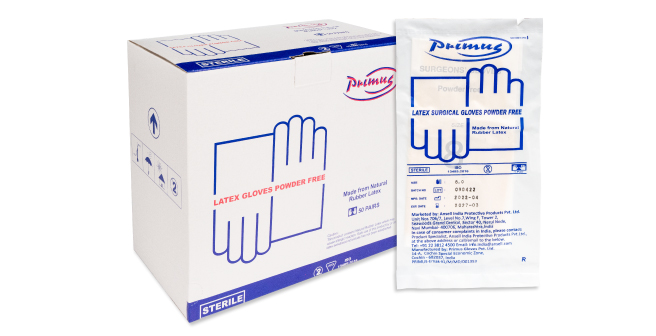 Primus long cuff sterile surgical gloves product packaging including polybag on a neutral white background
