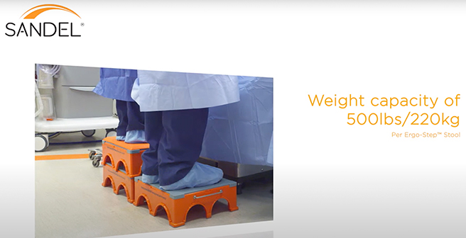 The SANDEL® Ergo-Step™ Stool features a padded surface, anti-skid feet, and a stackable design for added height.