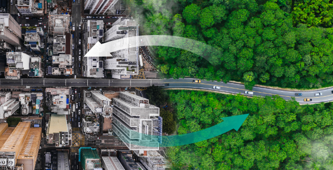 Aerial view showing half urban cityscape and half green forest connected by curved arrows, symbolizing the link between business, environment, and sustainable development.