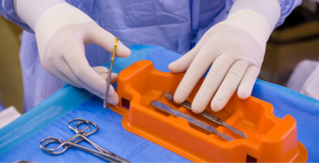 SANDEL Hands Free Transfer Tray Surgery Application - Tray with Scalpels and Gloved Hands