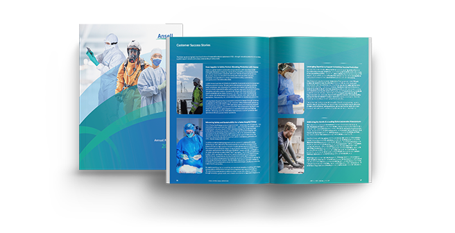 Splayed pages of the Ansell annual report against a baby blue background, with images of text, gloves and healthcare workers.