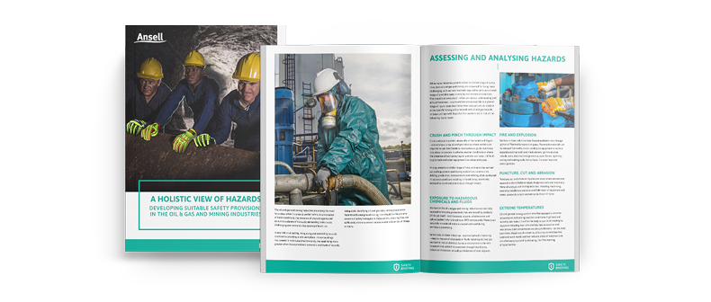 3D mockup of Ansell safety briefing booklet on white background with cover image related to PPE guide for workers in Oil & Gas and Mining