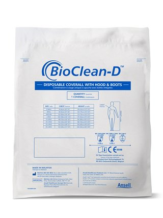 Steriili BioClean-D-haalari hupulla ja kiinteillä saappailla S-BDFC