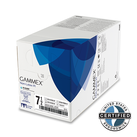Image of GAMMEX® Non-Latex PI dispenser box with the US Certified Ergonomics logo, PI-KARE™ technology icon and glove size on it