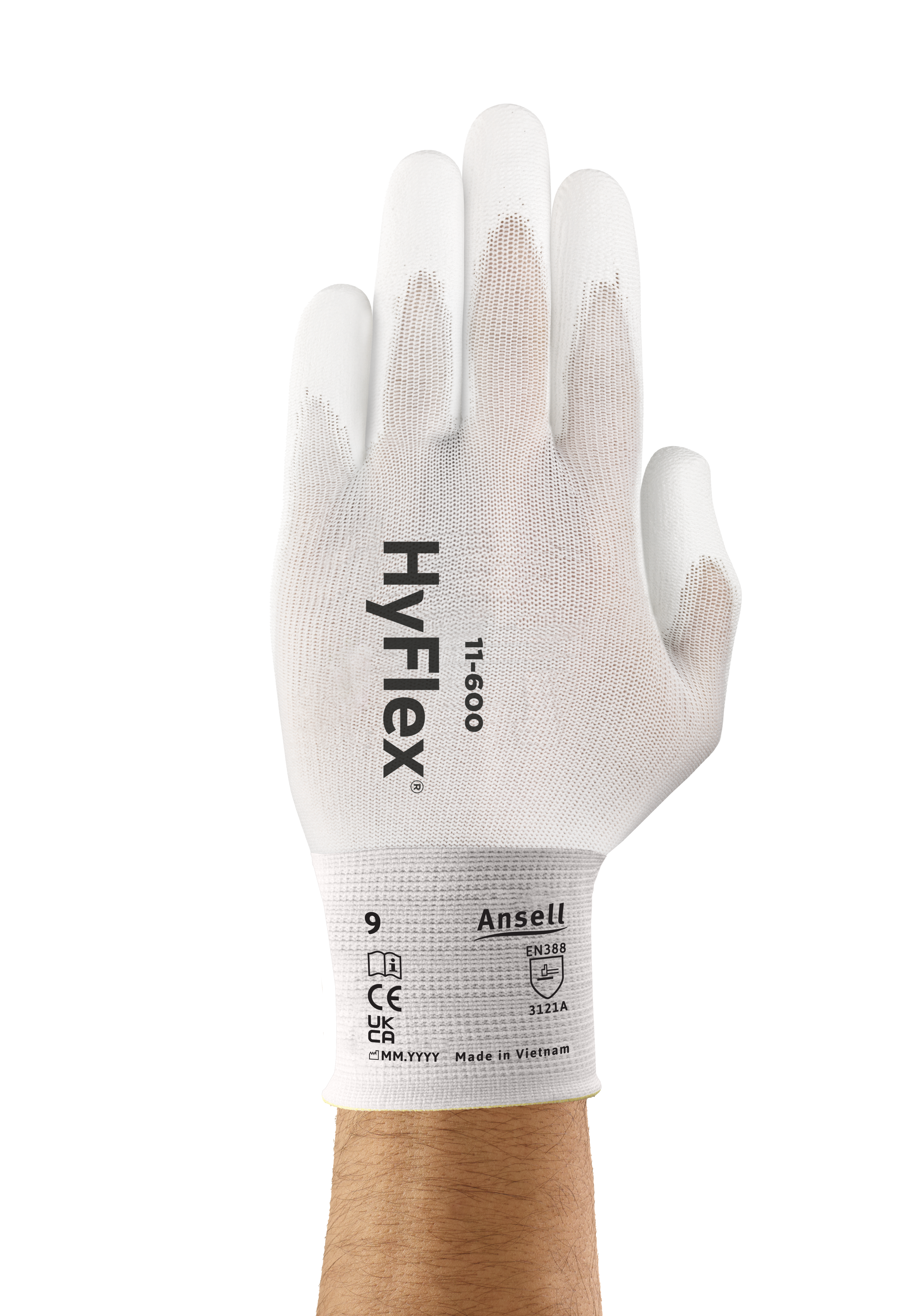 HyFlex® 11-600 Light and sensitive white-colored industrial gloves, offering personal protection for delicate handling