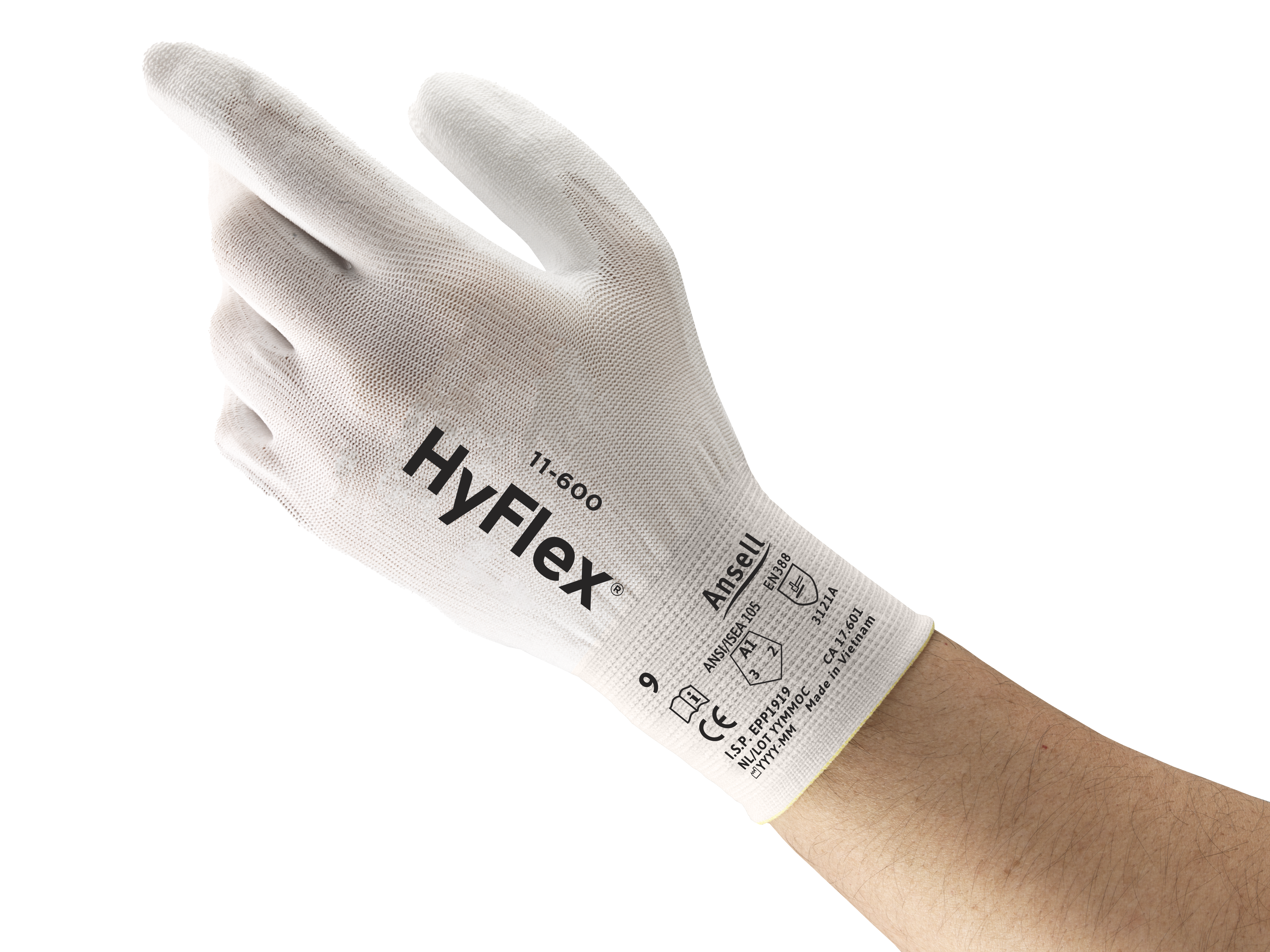HyFlex® 11-600 Light and sensitive white-colored industrial gloves, offering personal protection for delicate handling
