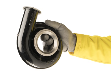 Hand wearing HyFlex 11-727 gloves, holding a mechanical component