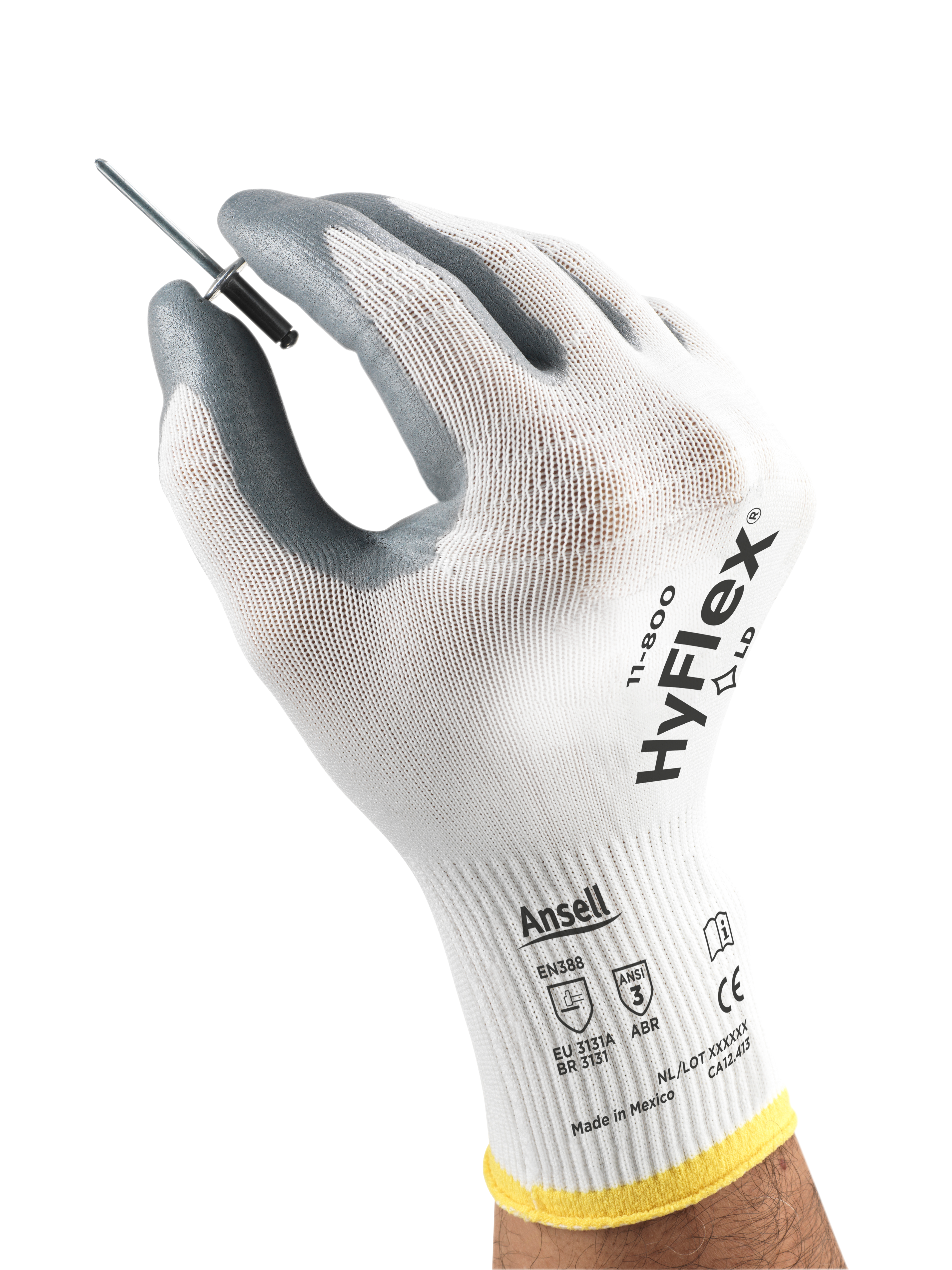 Hand wearing HyFlex 11-800 gloves, holding a mechanical component